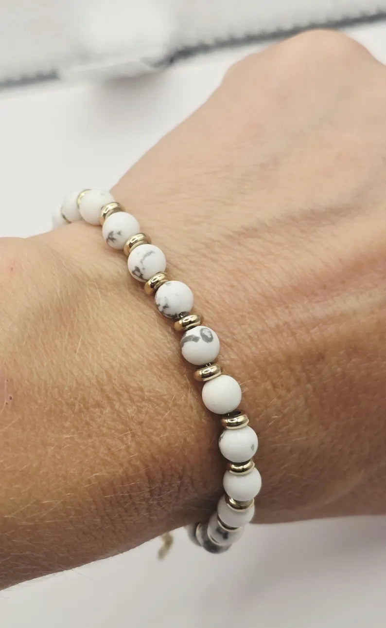 White Howlite Gemstone Bracelet 5mm, Stainless Steel in Gold, Waterproof Adjustable
