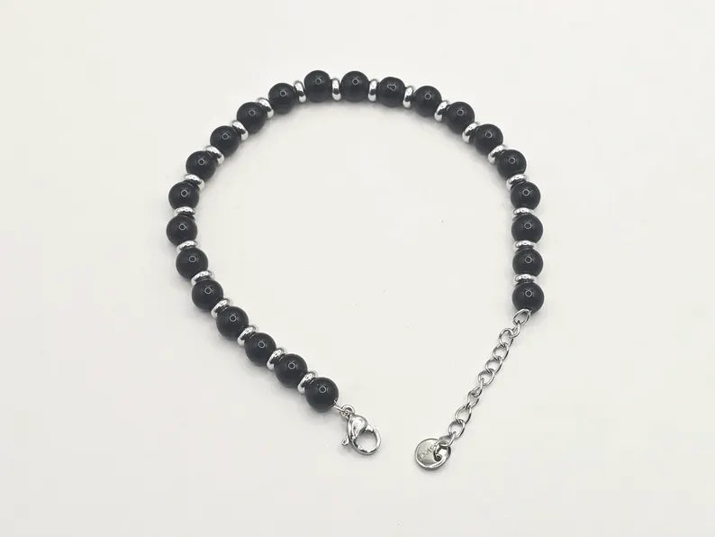 Black Agate Gemstone Bracelet 5mm, Stainless Steel in Silver, Waterproof Adjustable