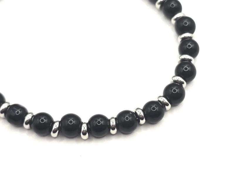 Black Agate Gemstone Bracelet 5mm, Stainless Steel in Silver, Waterproof Adjustable