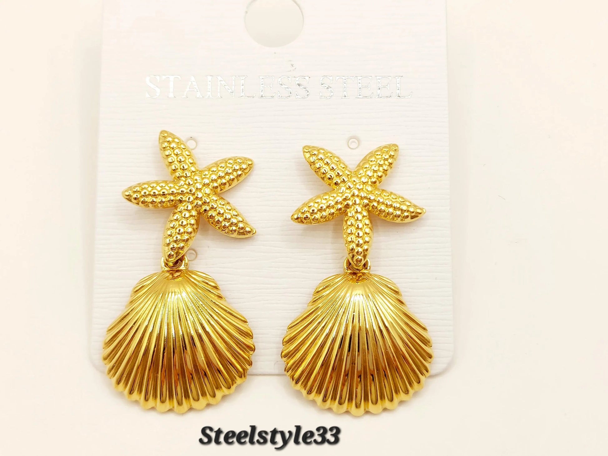 Elegant 18k Gold-Plated Fish & Star Stud Earrings: Tarnish-Free Stainless Steel for Women, Wedding Gift Steelstyle33