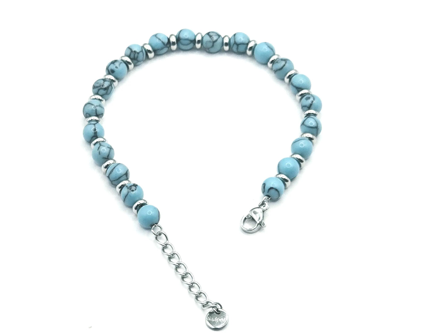 Women's natural turquoise stone & stainless steel beaded bracelet 5mm
