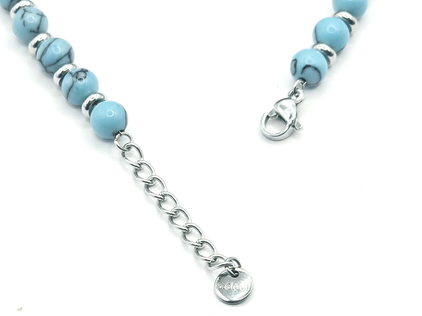 Women's natural turquoise stone & stainless steel beaded bracelet 5mm