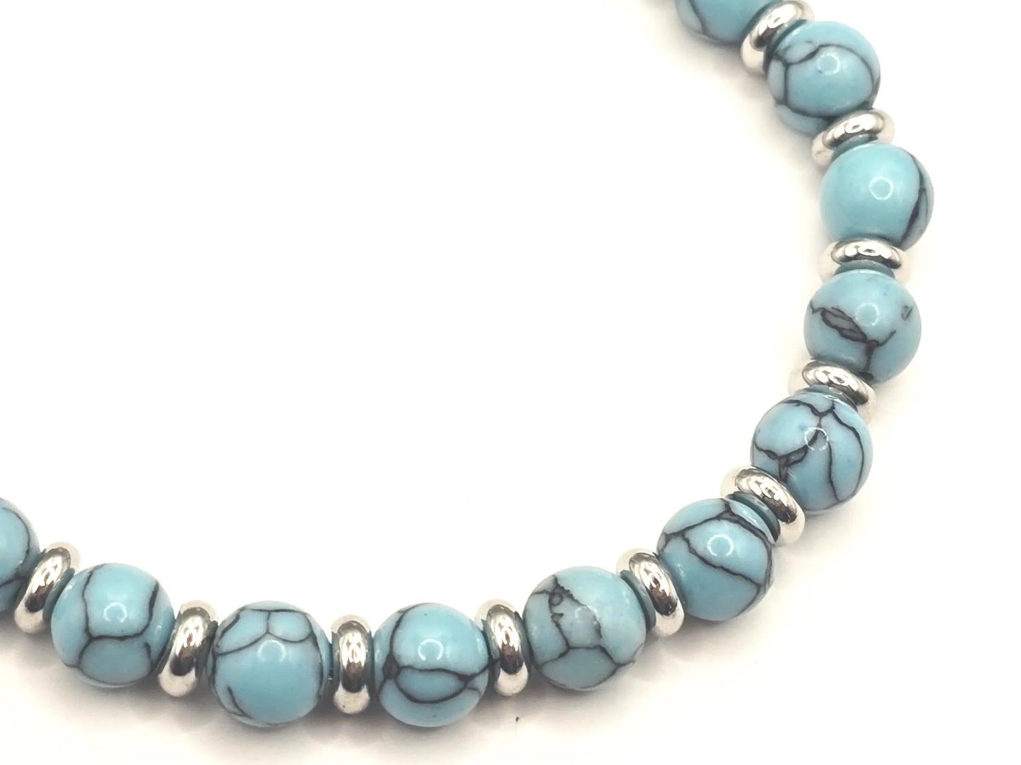 Women's natural turquoise stone & stainless steel beaded bracelet 5mm