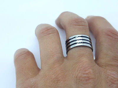 RING BAND STAINLESS STEEL 316L BLACK&SILVER STRIPES 10MM MEN'S WOMEN'S DESIGN Unbranded