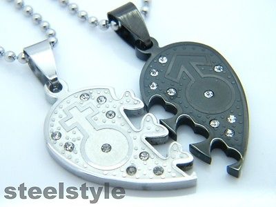 WOMENS MENS STAINLESS STEEL 316L COUPLE PENDANT NECKLACE SILVER/BLACK HEARTS Unbranded