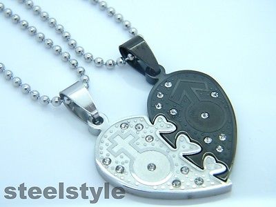 WOMENS MENS STAINLESS STEEL 316L COUPLE PENDANT NECKLACE SILVER/BLACK HEARTS Unbranded