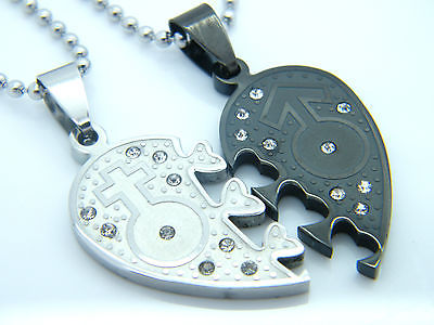 WOMENS MENS STAINLESS STEEL 316L COUPLE PENDANT NECKLACE SILVER/BLACK HEARTS Unbranded