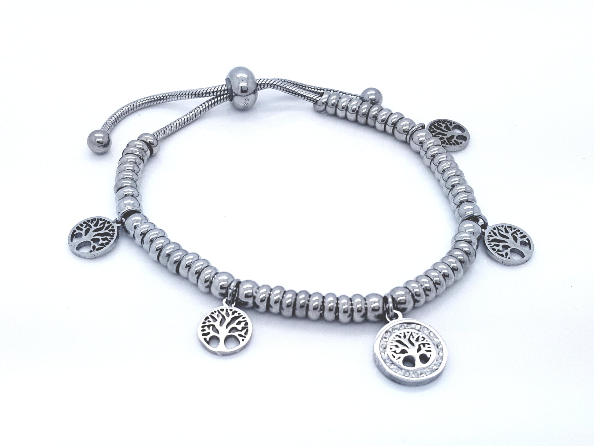 LADIE'S STAINLESS STEEL CHARMS SLIDING BRACELET TREE OF LIFE SILVER steelstyle33