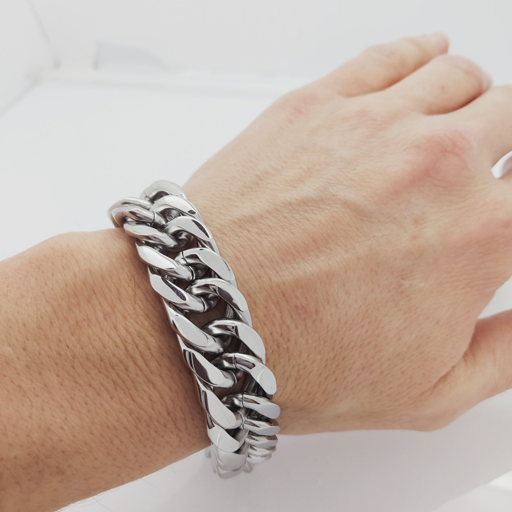 MEN'S LARGE STAINLESS STEEL SILVER 316L LINK CHAIN BRACELET 15 MM steelstyle33