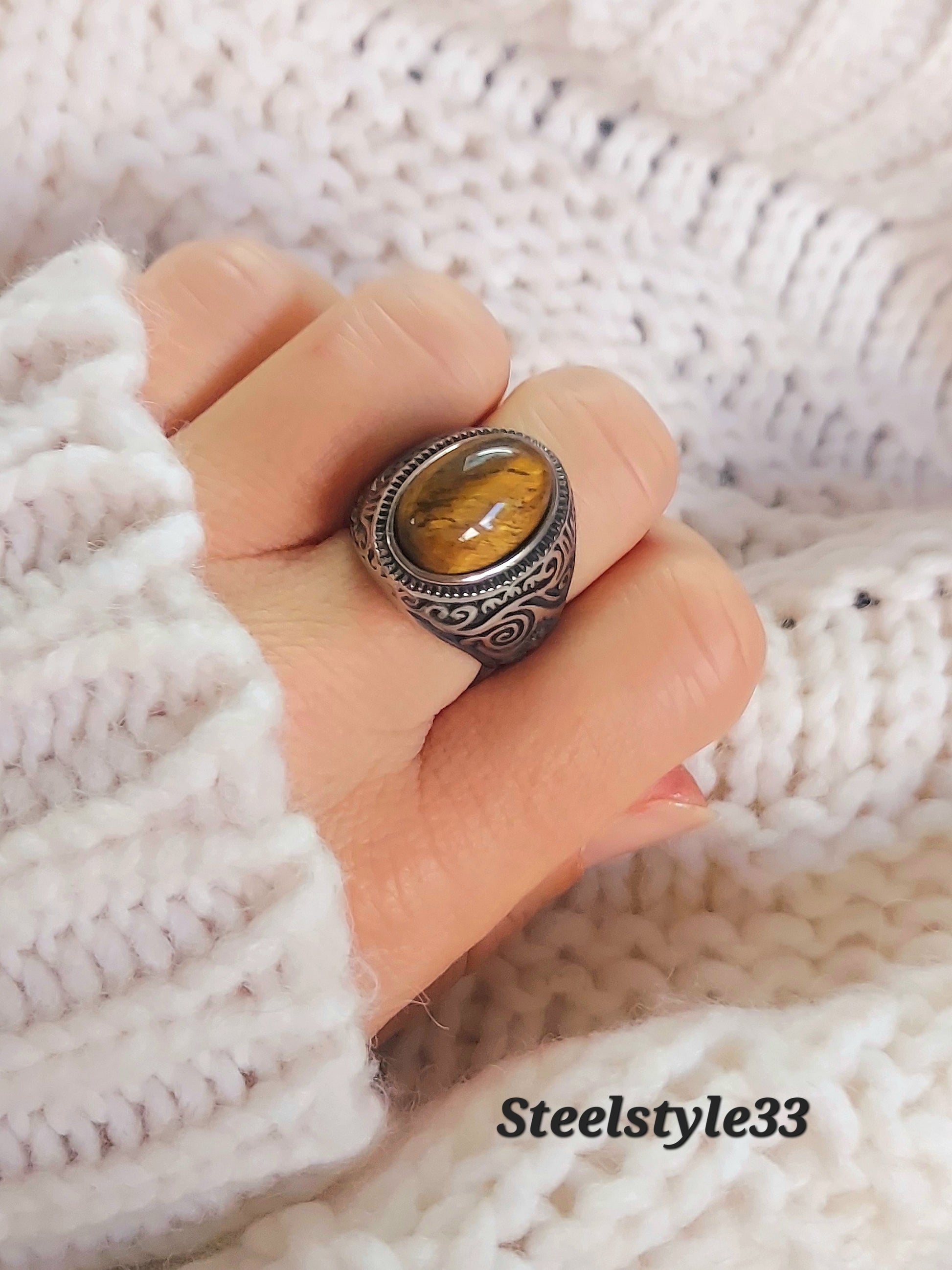 Tiger's Eye Ring , Signet Floral Vintage Stone Ring  Stainless Steel 316L For men steelstyle33