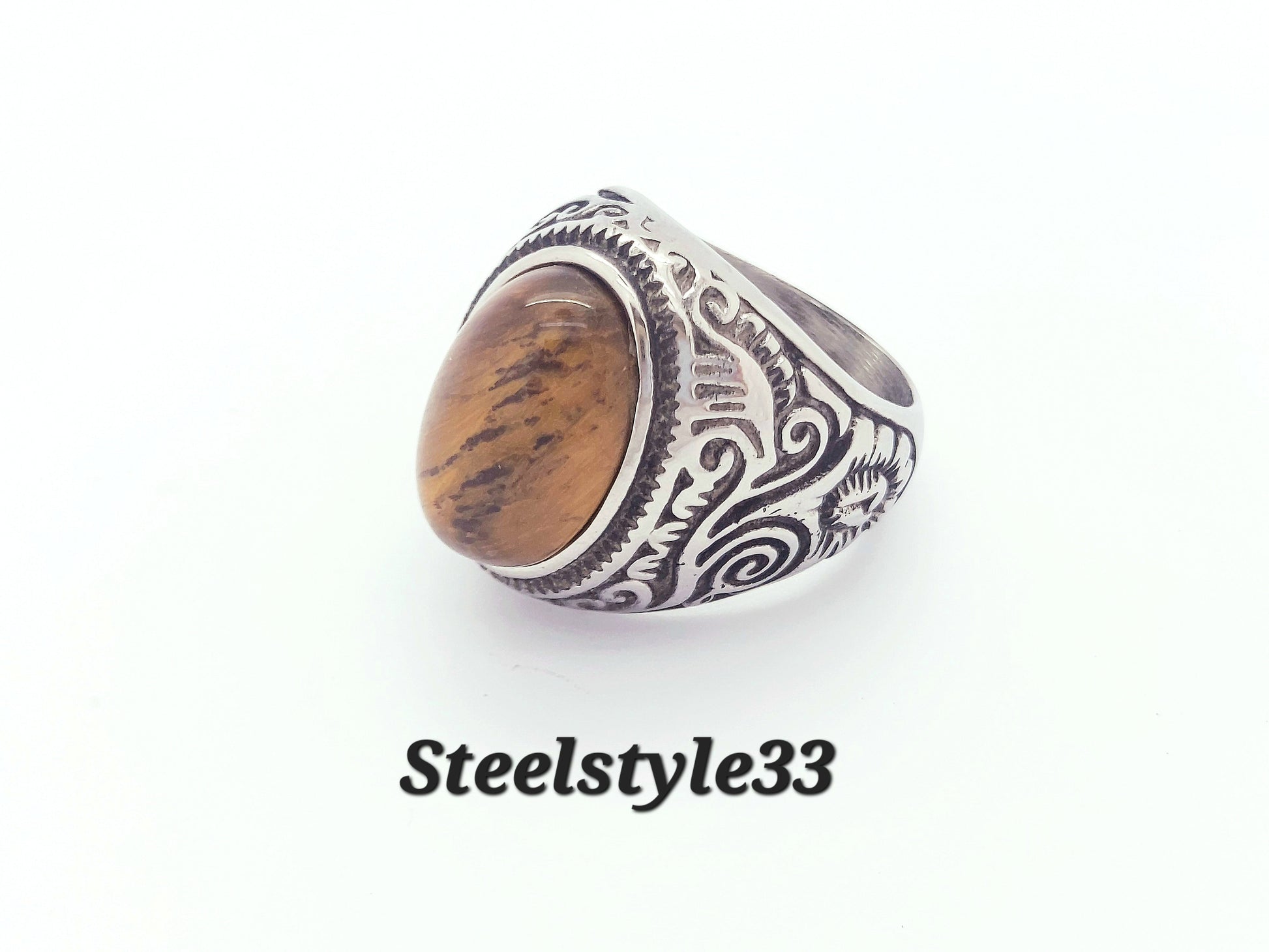 Tiger's Eye Ring , Signet Floral Vintage Stone Ring  Stainless Steel 316L For men steelstyle33