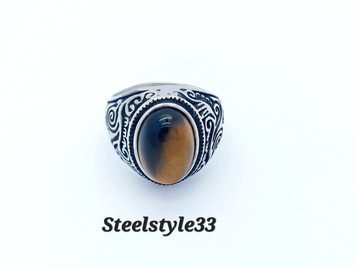 Tiger's Eye Ring , Signet Floral Vintage Stone Ring  Stainless Steel 316L For men steelstyle33