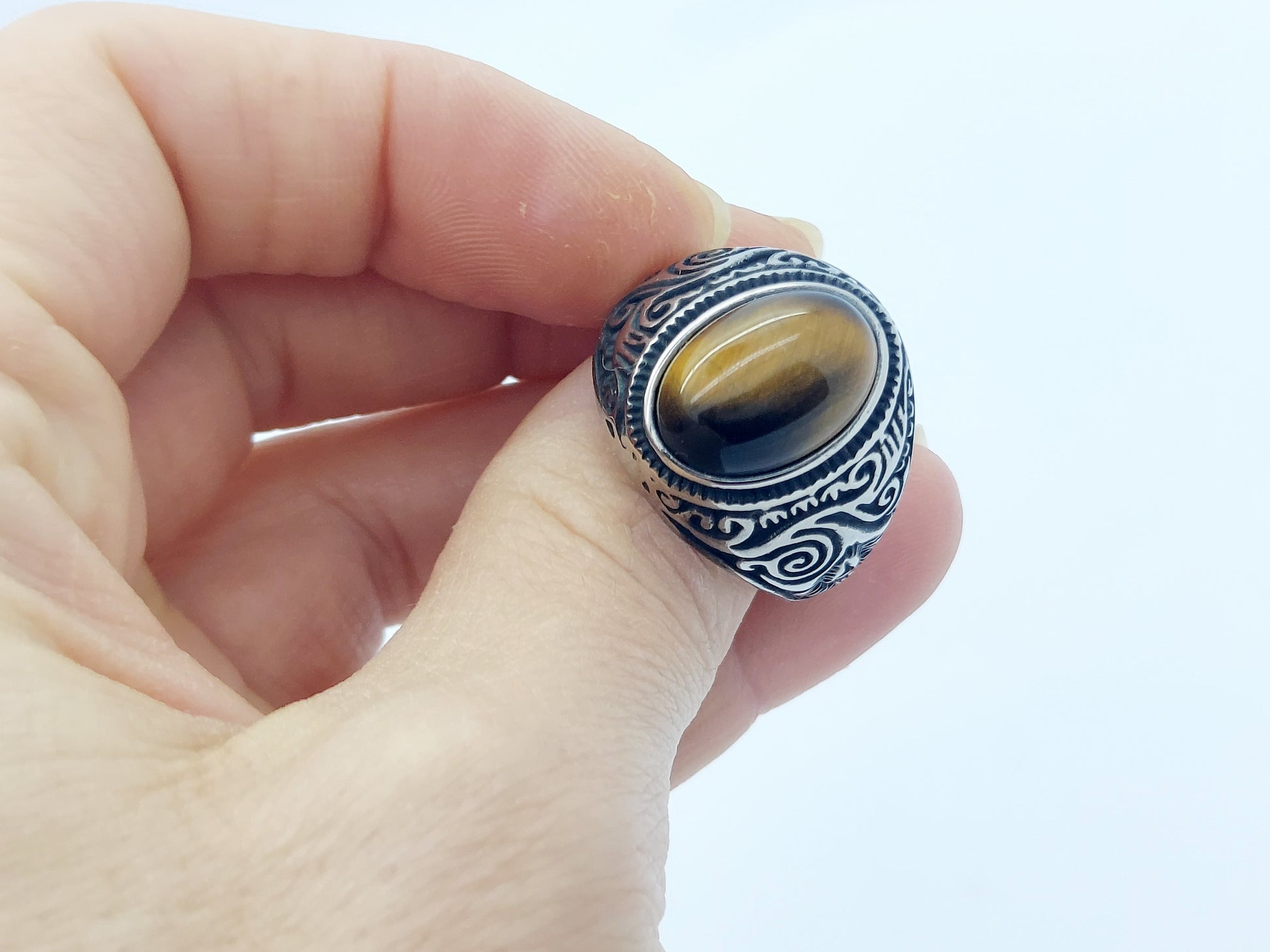 Tiger's Eye Ring , Signet Floral Vintage Stone Ring  Stainless Steel 316L For men steelstyle33