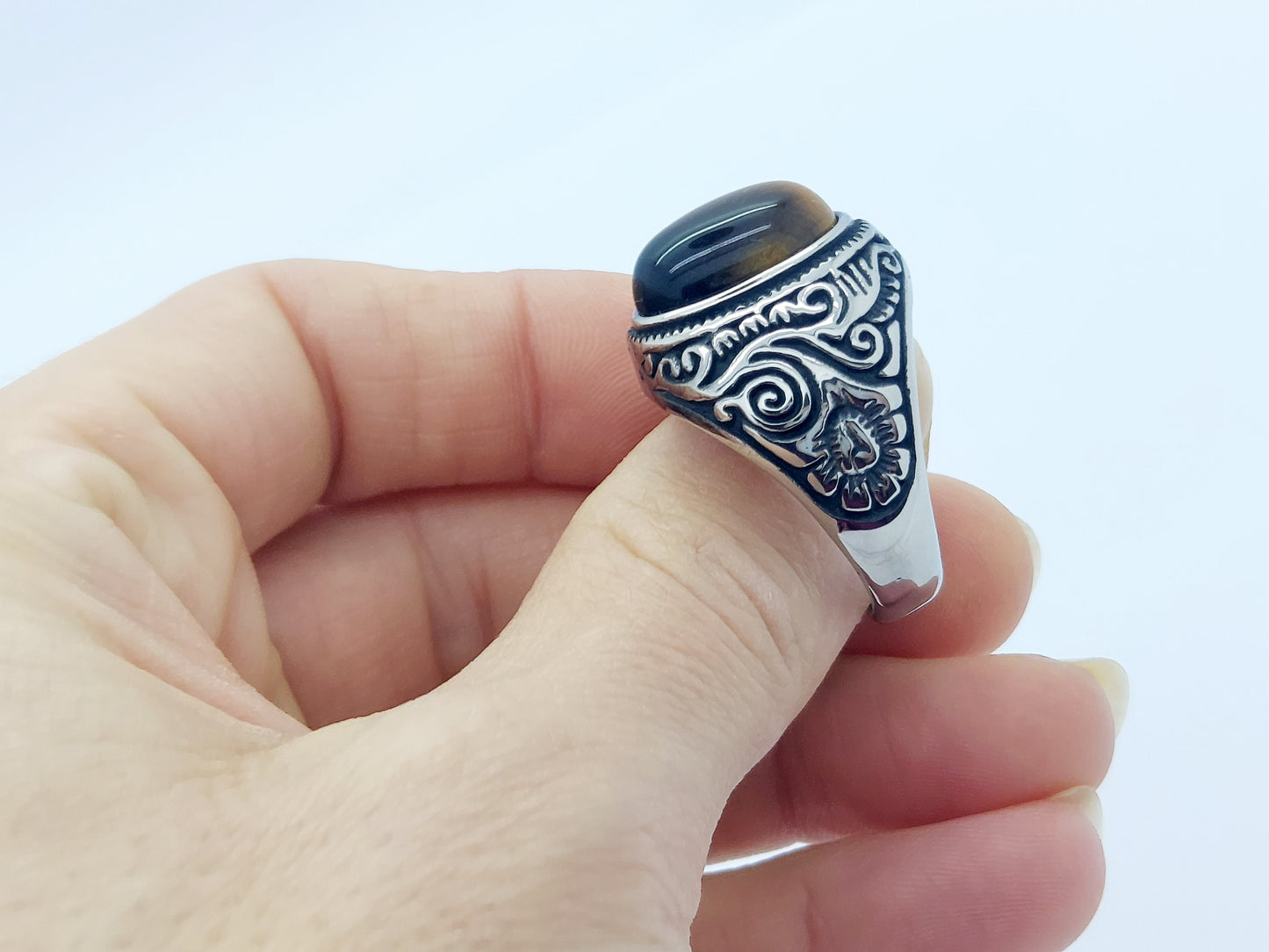 Tiger's Eye Ring , Signet Floral Vintage Stone Ring  Stainless Steel 316L For men steelstyle33