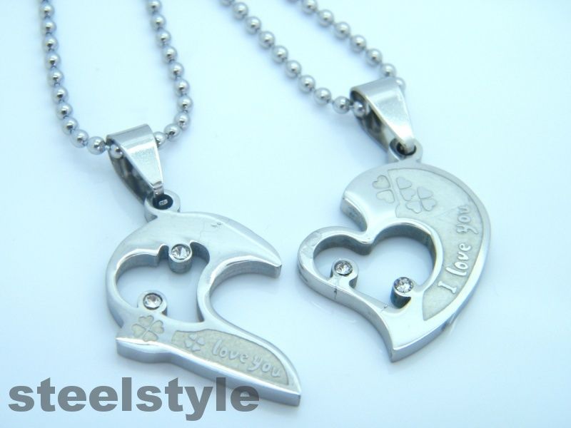 WOMENS MENS STAINLESS STEEL 316L COUPLE PENDANT NECKLACE SILVER HEARTS Unbranded