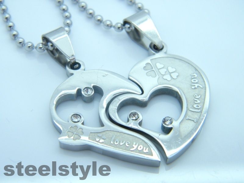 WOMENS MENS STAINLESS STEEL 316L COUPLE PENDANT NECKLACE SILVER HEARTS Unbranded