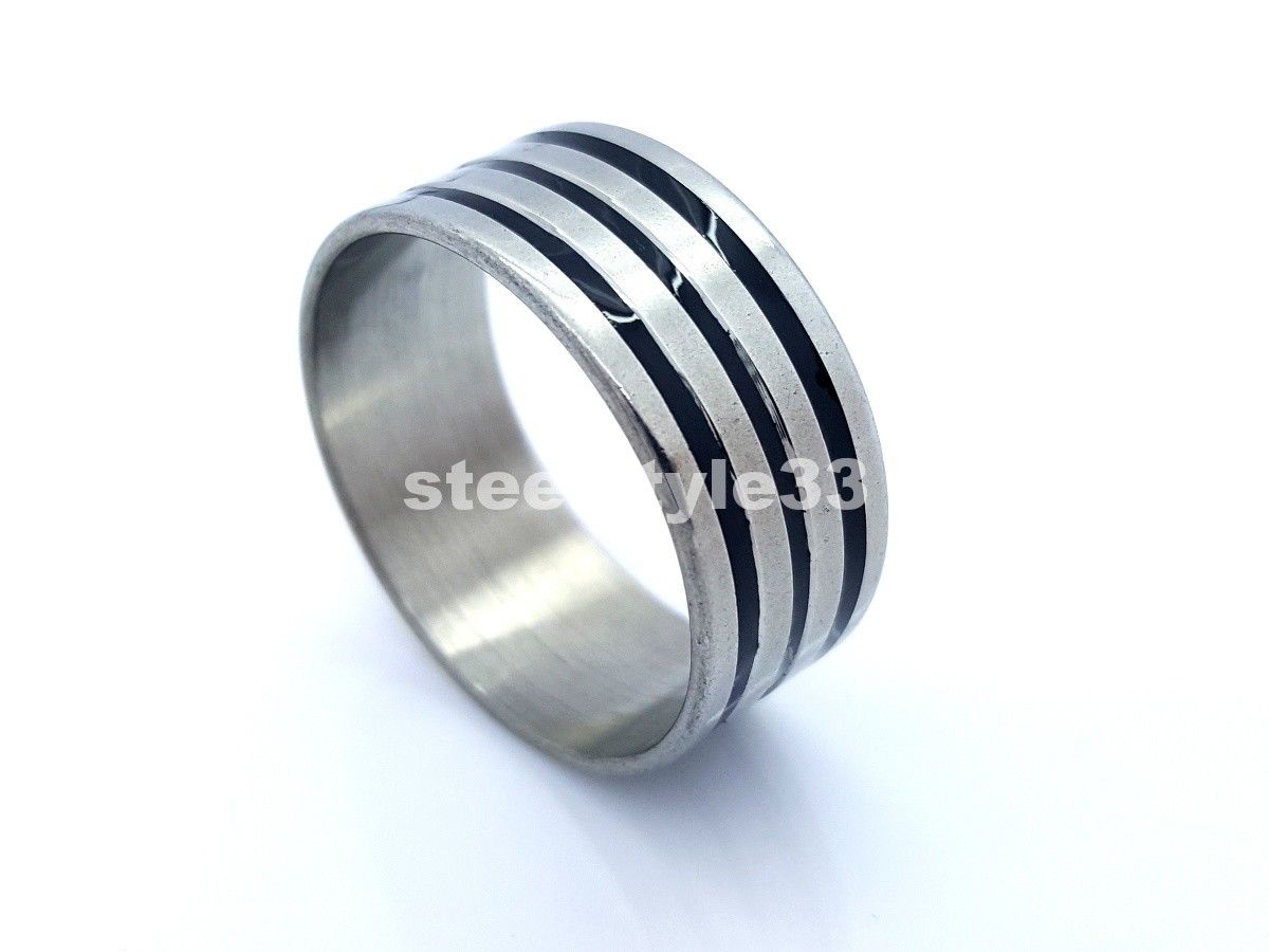RING BAND STAINLESS STEEL 316L BLACK&SILVER STRIPES 10MM MEN'S WOMEN'S DESIGN Unbranded