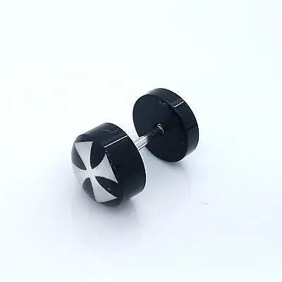 PAIR OF 9MM BLACK UNISEX FAKE EAR PLUGS STAINLESS STEEL LOGO STUD BODY PIERCING steelstyle33
