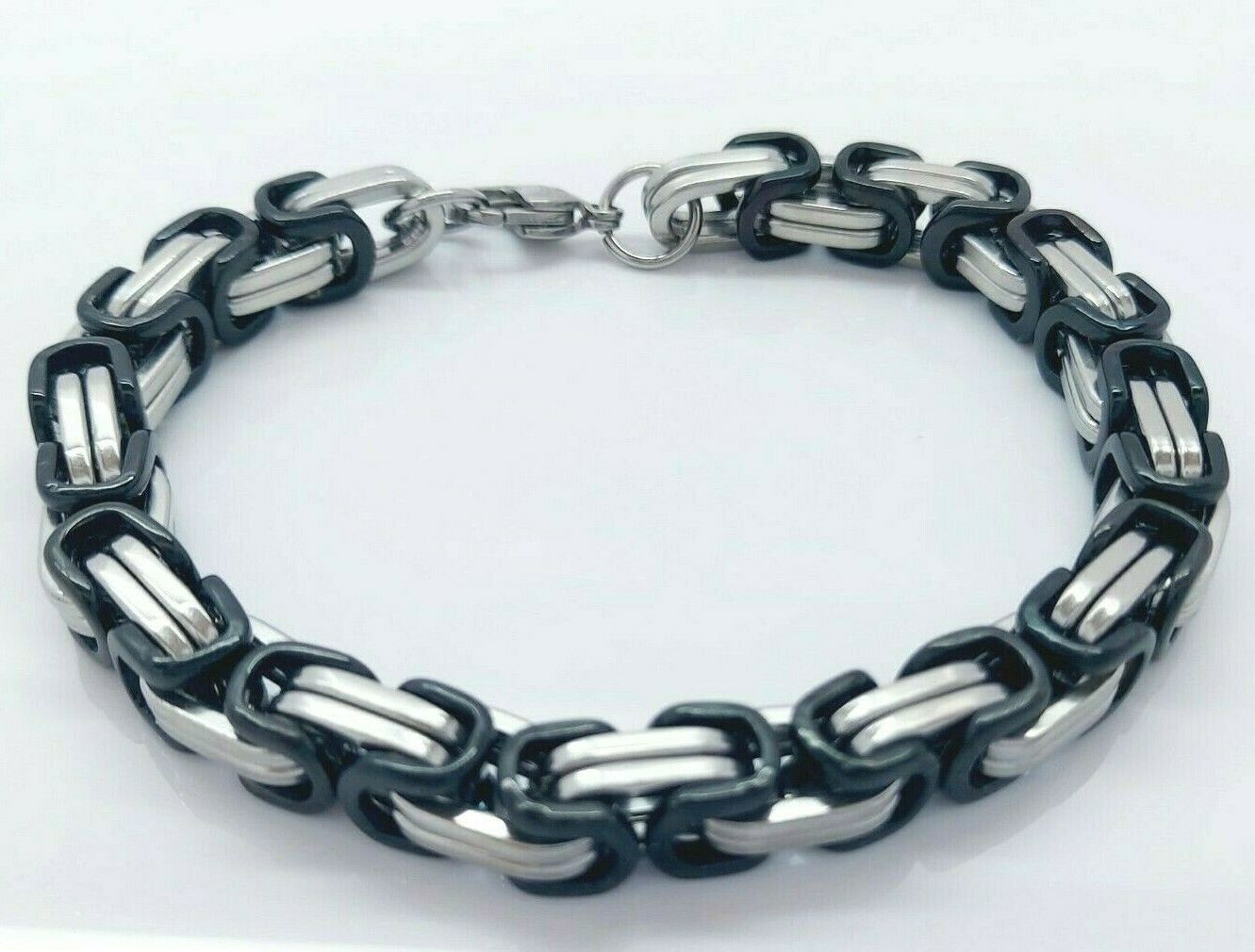 MEN'S CHUNKY LINK CHAIN BYZANTINE STAINLESS STEEL BRACELET SILVER/BLACK 8MM