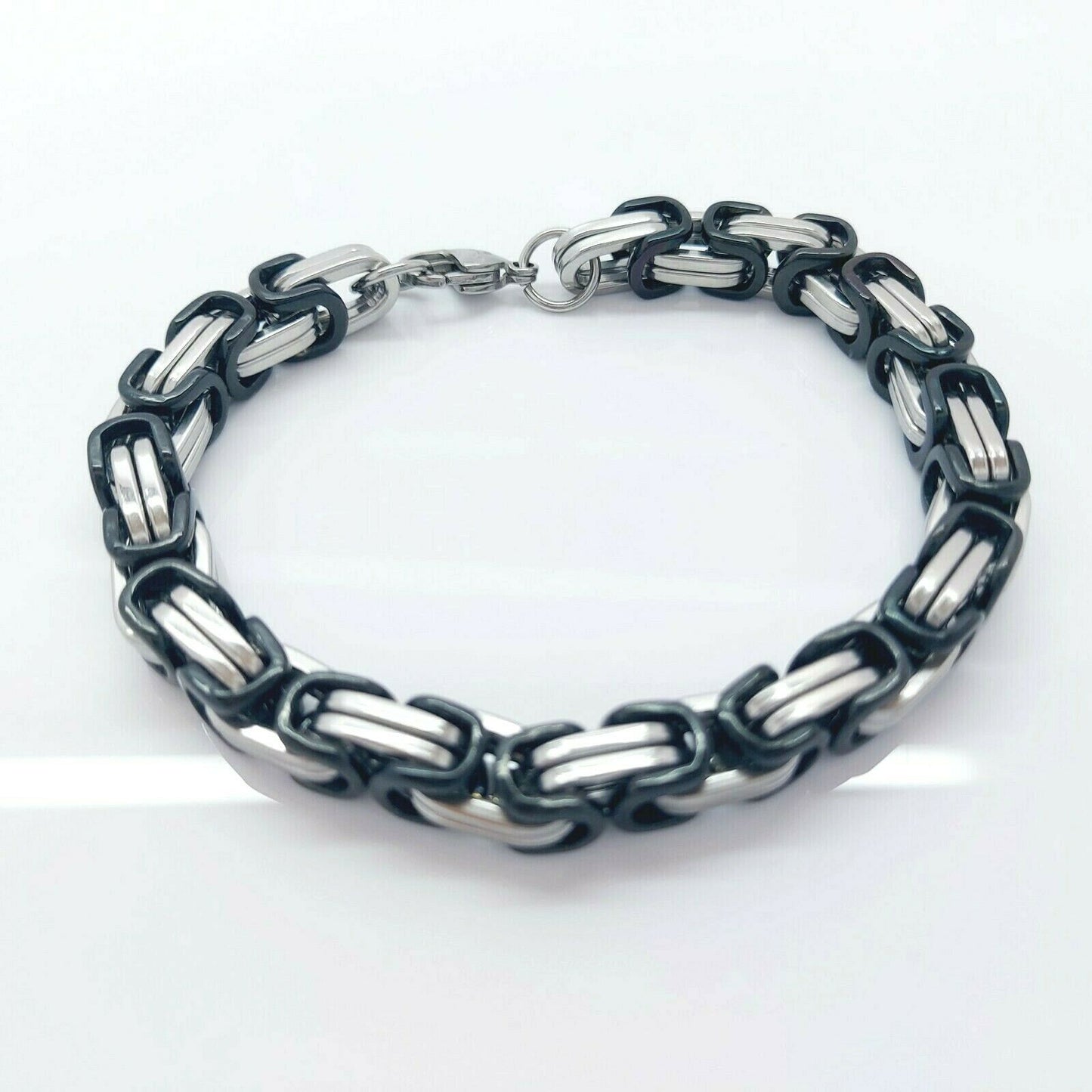 MEN'S CHUNKY LINK CHAIN BYZANTINE STAINLESS STEEL BRACELET SILVER/BLACK 8MM