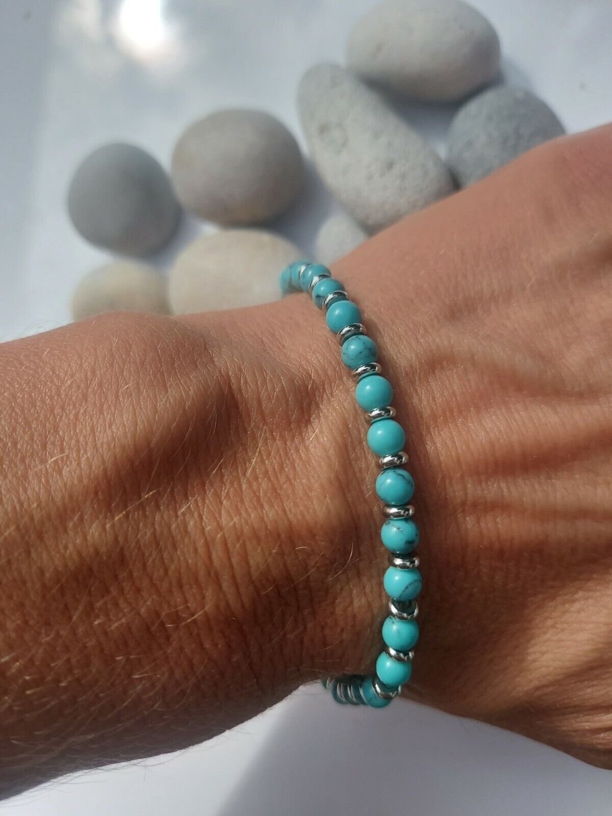 Women's natural turquoise stone & stainless steel beaded bracelet