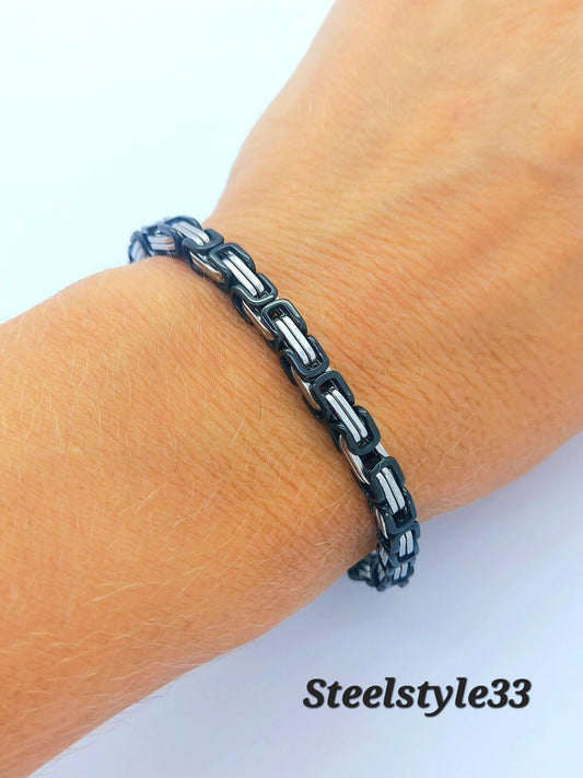 MEN'S CHUNKY LINK CHAIN BYZANTINE STAINLESS STEEL BRACELET BLACK/SILVER