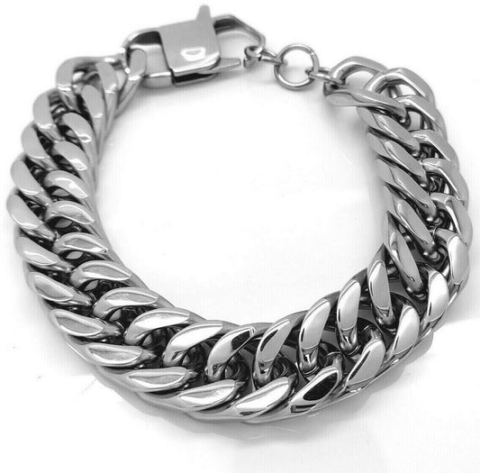 MEN'S LARGE STAINLESS STEEL SILVER 316L LINK CHAIN BRACELET 15 MM