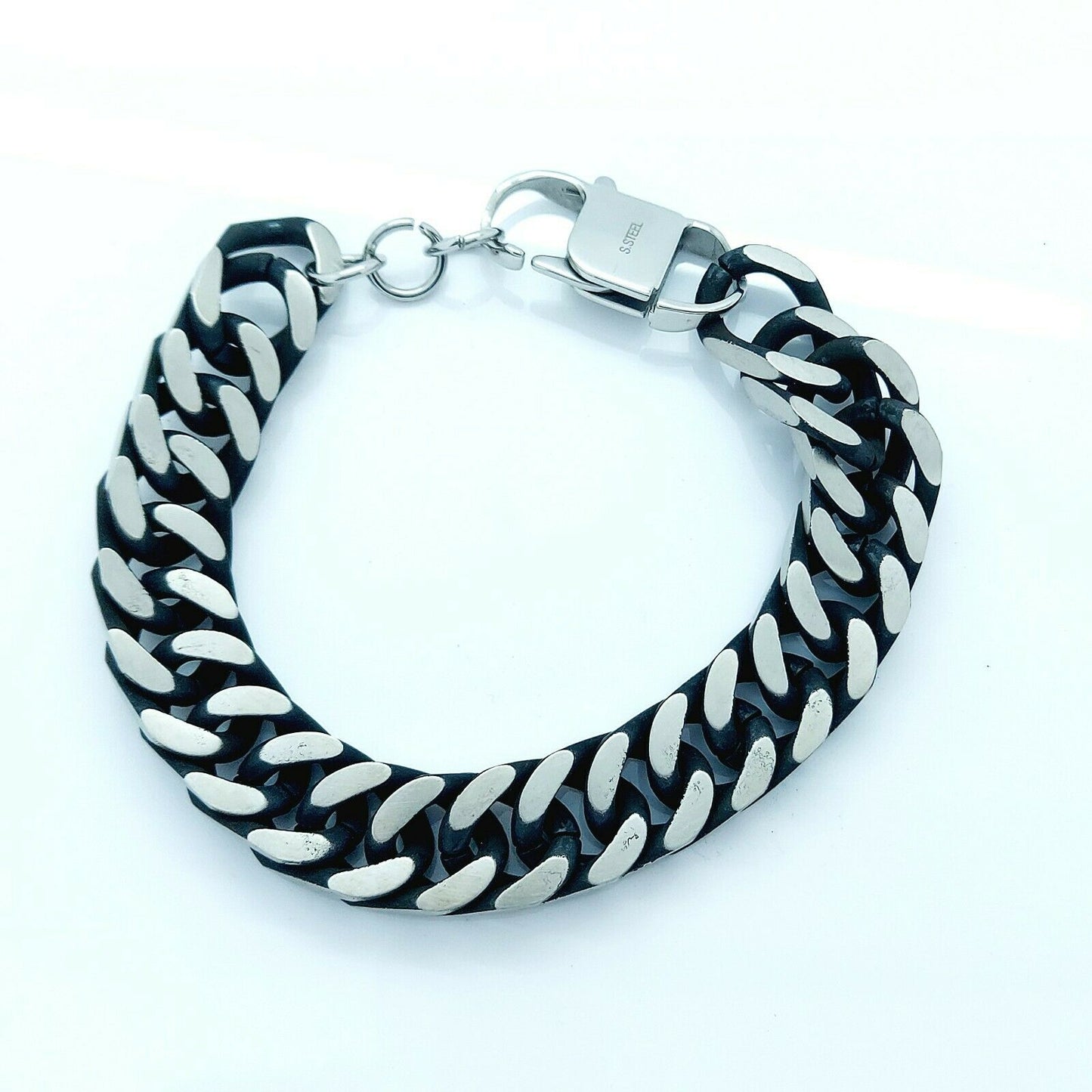 MEN'S LARGE STAINLESS STEEL SILVER/BLACK LINK CHAIN BRACELET 15 MM steelstyle33