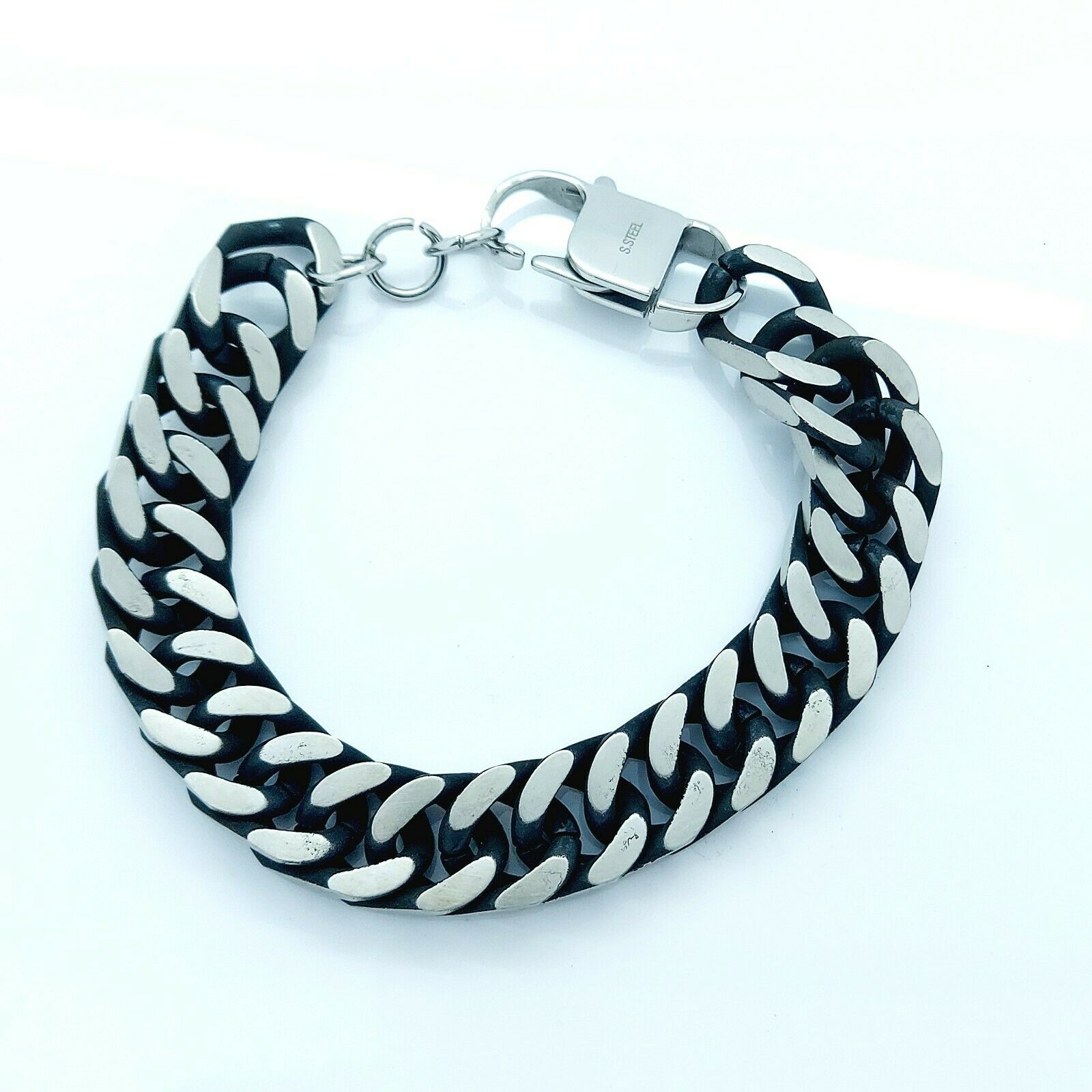 MEN'S LARGE STAINLESS STEEL SILVER/BLACK LINK CHAIN BRACELET 15 MM steelstyle33